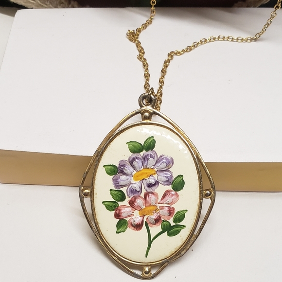 Vintage Jewelry Vintage Hand Painted Flower Pendant Necklace Poshmark